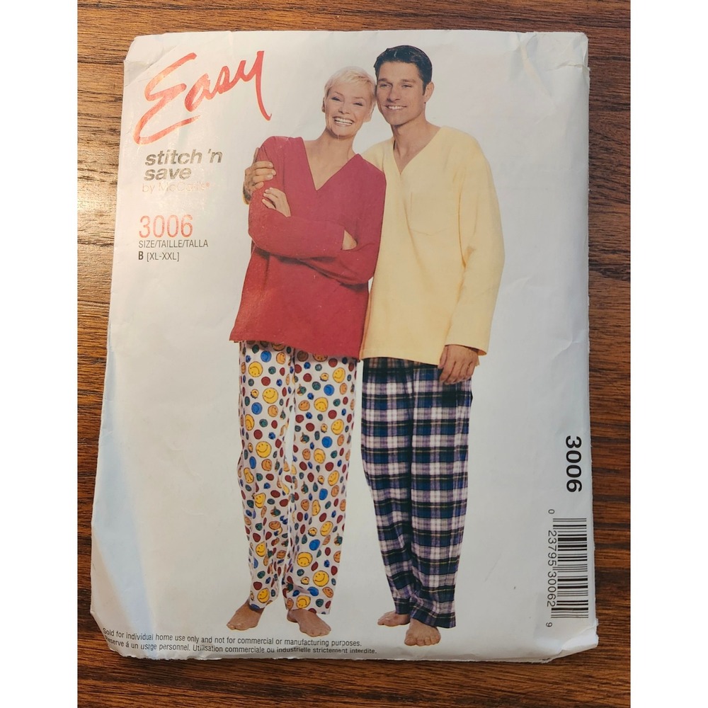 McCall's 3006 Stitch 'n Save Unisex Pajamas Sewing Pattern XL-XXL Top Pants